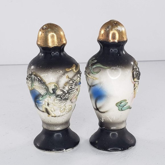 Dragonware Black Salt Pepper Shaker Set Japan Moriage Vintage - Picture 4 of 7